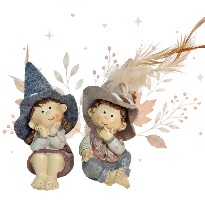 Kinderfiguren 2er-Set mit Filzhut braun grau ca. 10 cm - Herbstdeko