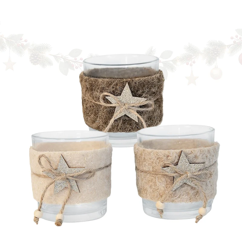 Teelichthalter 3er Set aus Glas mit Filz und Holzstern – 7,3 x 8 cm