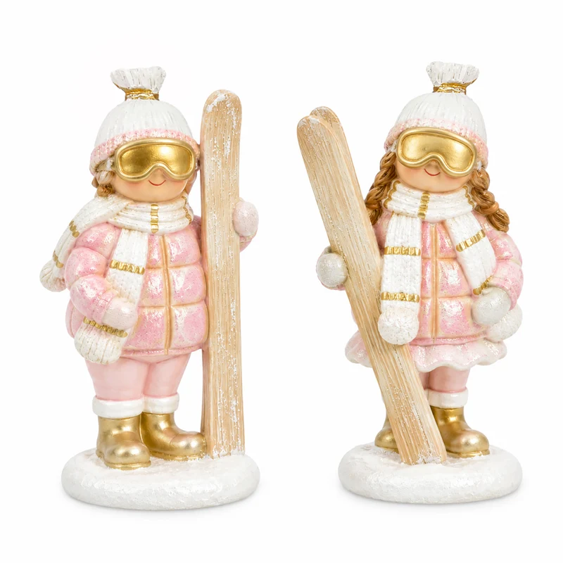 Winterfiguren 2er Set – Mädchen mit Ski aus Polyresin, 11 cm in Rosa