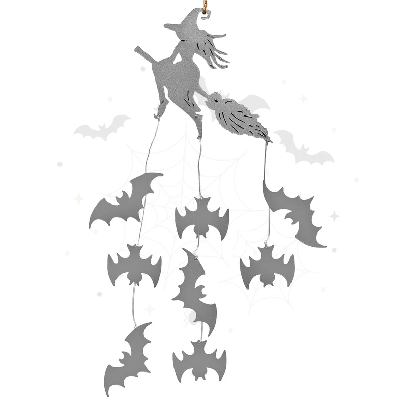 Halloween Hängedeko Hexe mit Fledermäusen – Metall, 55 cm in Schwarz